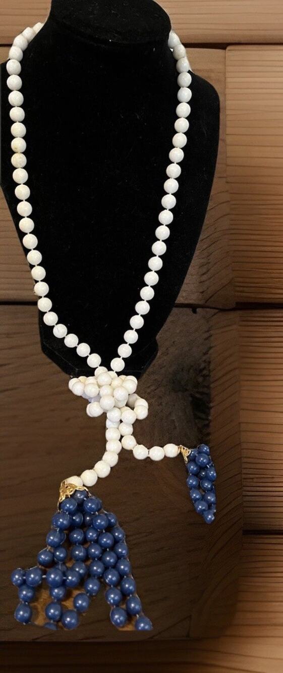 VTG Bead Lariat Flapper Tasseled Necklace Blue White Gold Trim Belt Opera Length